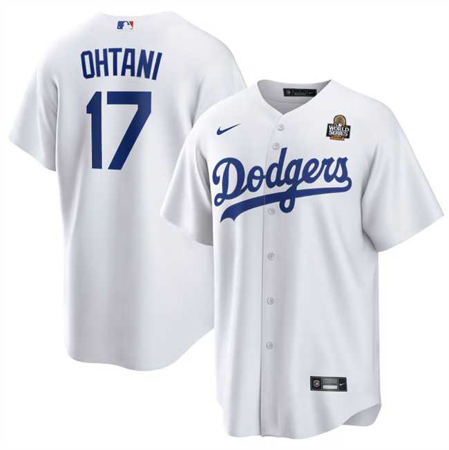 Mens Los Angeles Dodgers #17 Shohei Ohtani White 2024 World Series Cool Base Stitched Jersey Dzhi